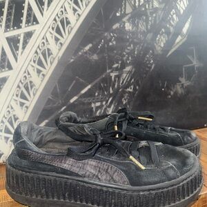 Puma Black Suede Platform Shoes with Gold Details